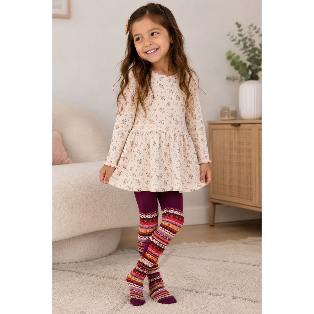 H&M Girls Purple Fair Isle Pattern Tights Size 4- 6Y Multicolor Boho Winter